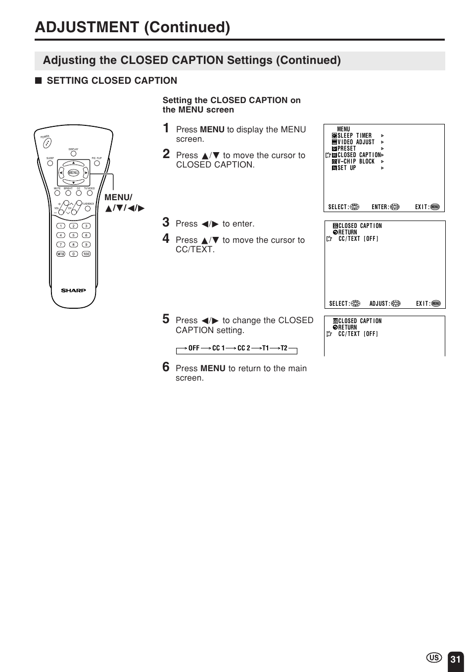Adjustment (continued), Adjusting the closed caption settings (continued), Setting closed caption | Sharp Aquos LC 15E1U User Manual | Page 32 / 49