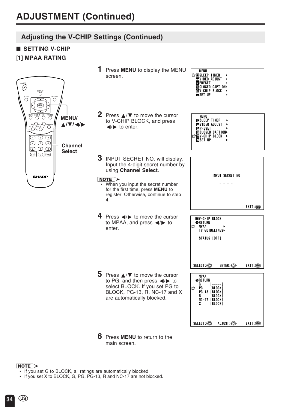 Adjustment (continued), Adjusting the v-chip settings (continued), 34 [ 1] mpaa rating ■ setting v-chip | Sharp Aquos LC 15E1U User Manual | Page 35 / 49