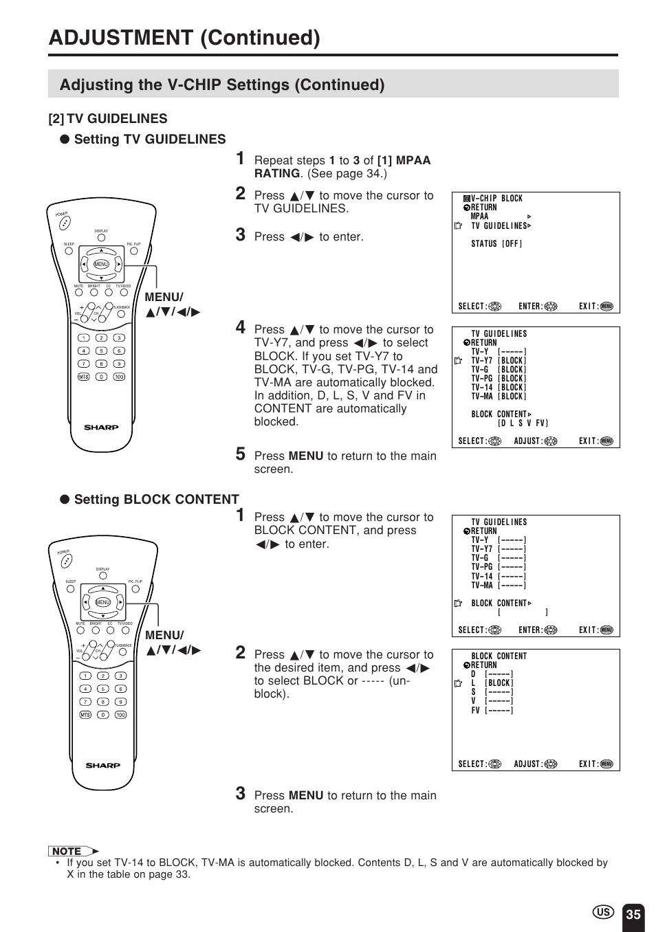 Adjustment (continued), Parent control (v-chip operation continued), Adjusting the v-chip settings (continued) | 35 [2] tv guidelines, Setting tv guidelines ● setting block content | Sharp Aquos LC 15E1U User Manual | Page 36 / 49