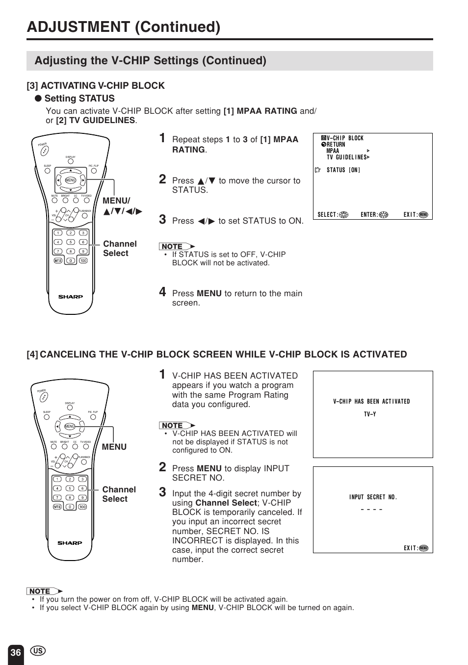 Adjustment (continued), Adjusting the v-chip settings (continued), 36 [3] activating v-chip block ● setting status | Sharp Aquos LC 15E1U User Manual | Page 37 / 49