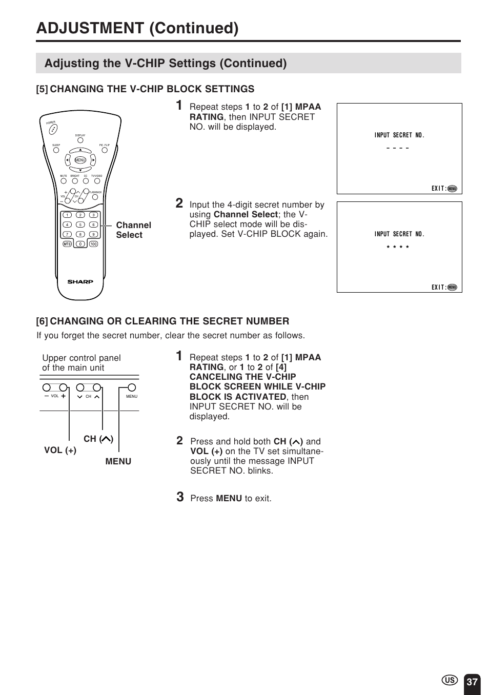 Adjustment (continued), Adjusting the v-chip settings (continued), 37 [5] changing the v-chip block settings | 6] changing or clearing the secret number | Sharp Aquos LC 15E1U User Manual | Page 38 / 49