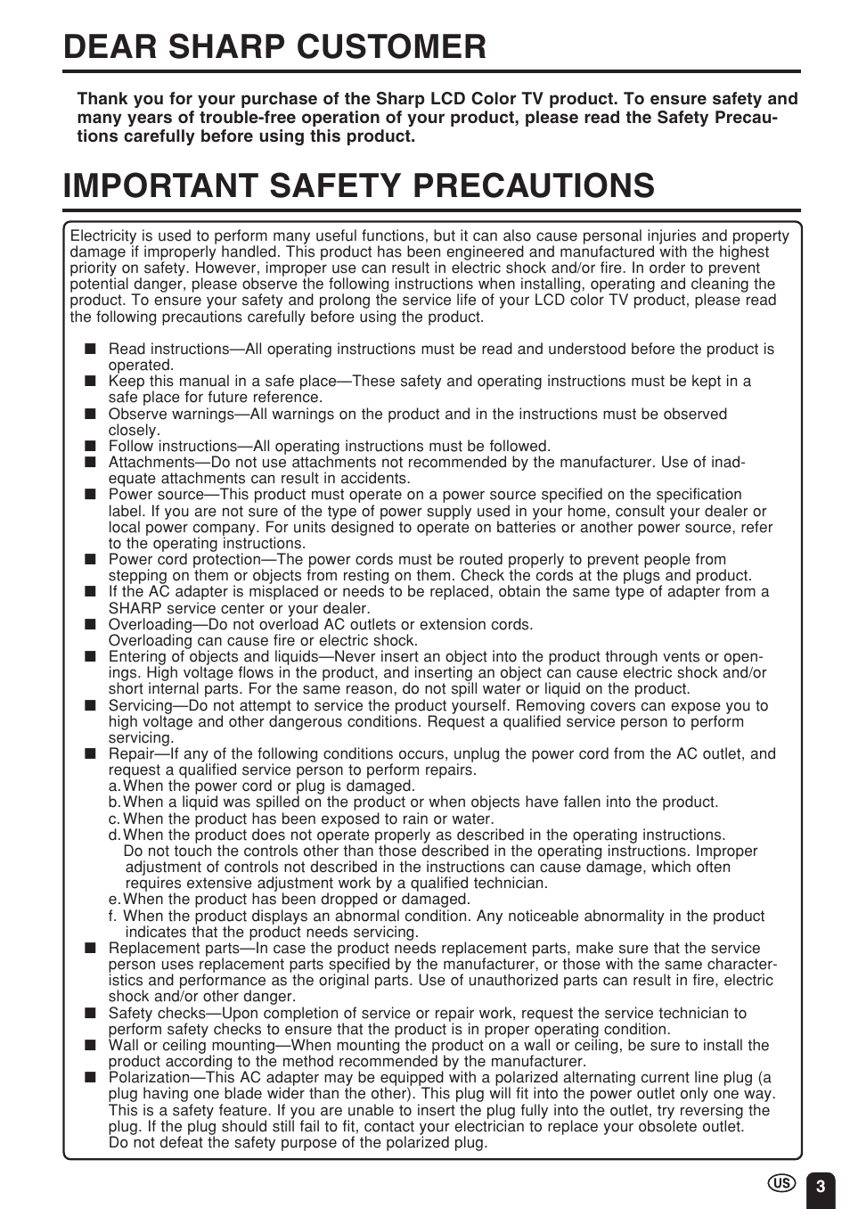 Dear sharp customer, Important safety precautions | Sharp Aquos LC 15E1U User Manual | Page 4 / 49
