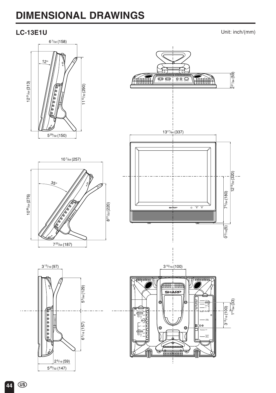 Dimensional drawings, Lc-13e1u, Unit: inch/(mm) | Sharp Aquos LC 15E1U User Manual | Page 45 / 49