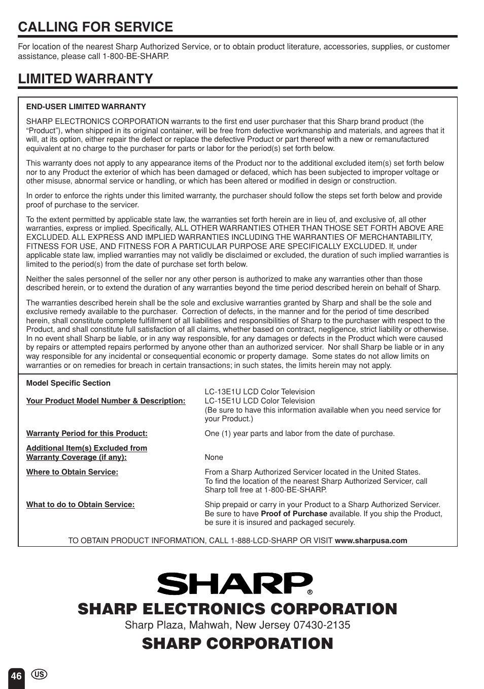 Sharp electronics corporation, Sharp corporation, Limited warranty | Calling for service | Sharp Aquos LC 15E1U User Manual | Page 47 / 49