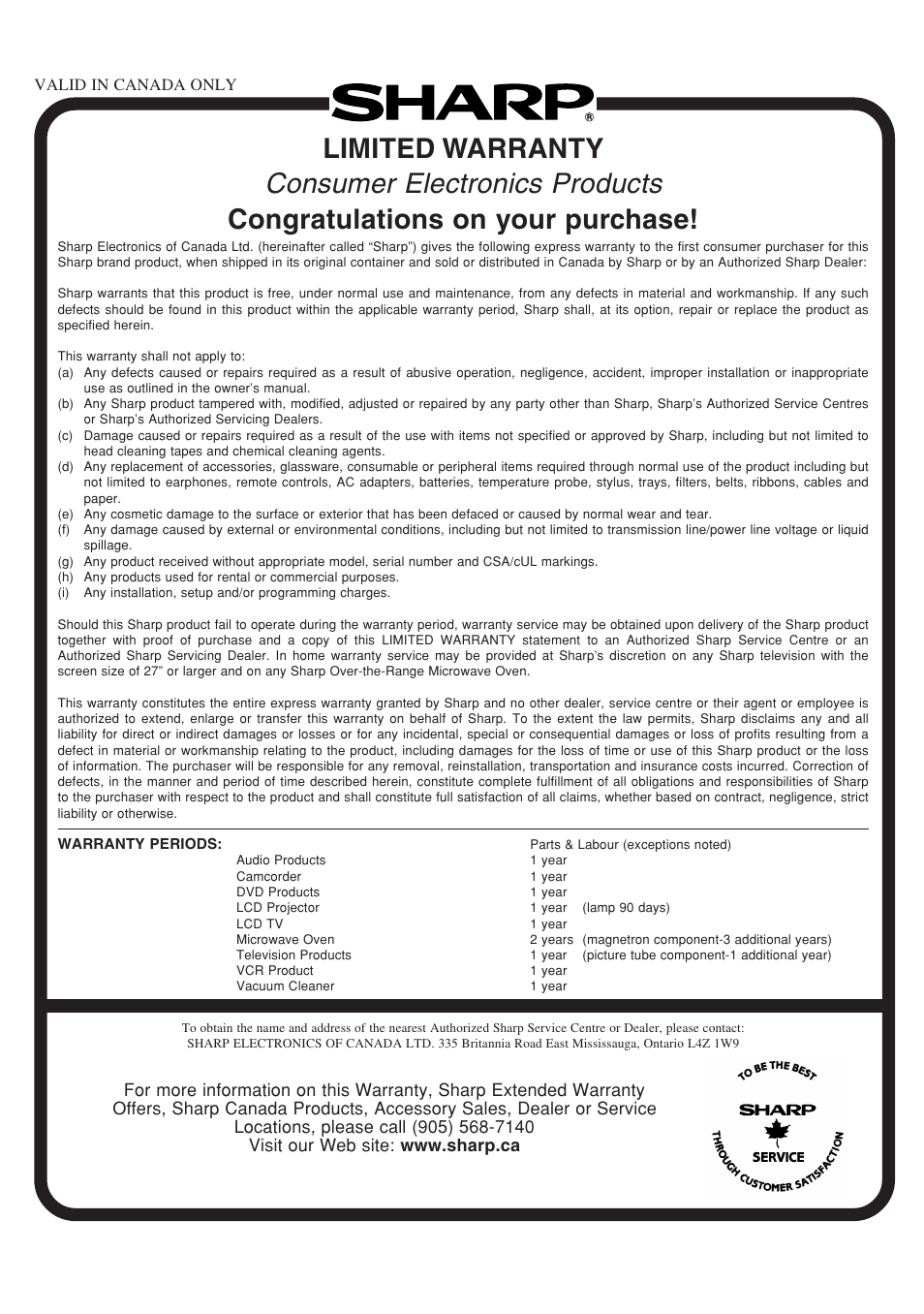 Consumer electronics products, Limited warranty | Sharp Aquos LC 15E1U User Manual | Page 48 / 49