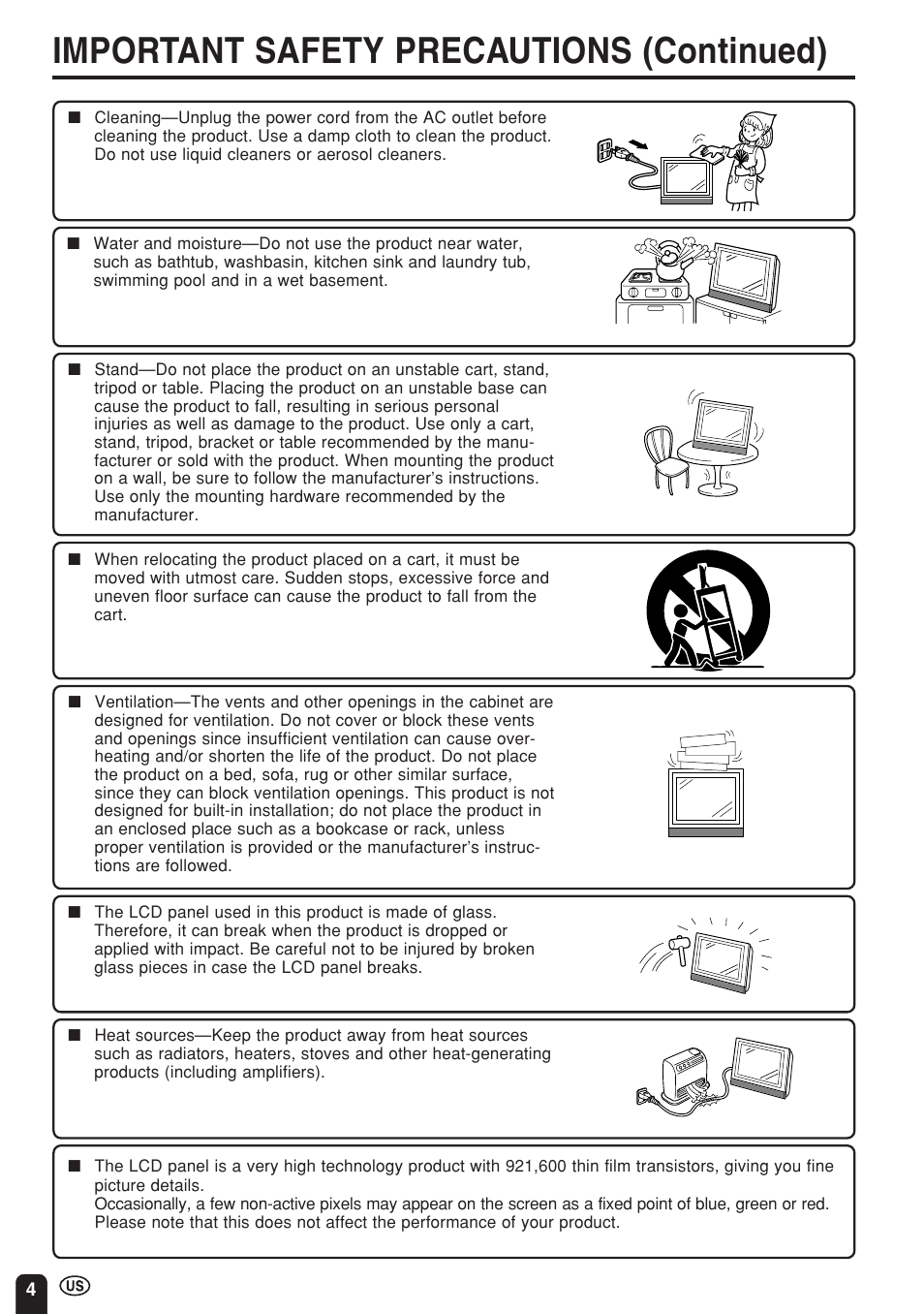 Important safety precautions (continued) | Sharp Aquos LC 15E1U User Manual | Page 5 / 49