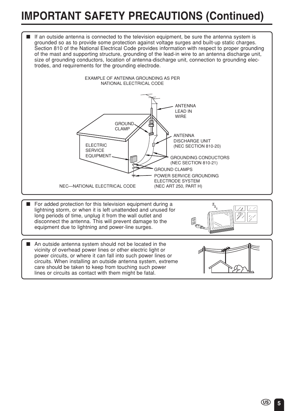 Important safety precautions (continued) | Sharp Aquos LC 15E1U User Manual | Page 6 / 49