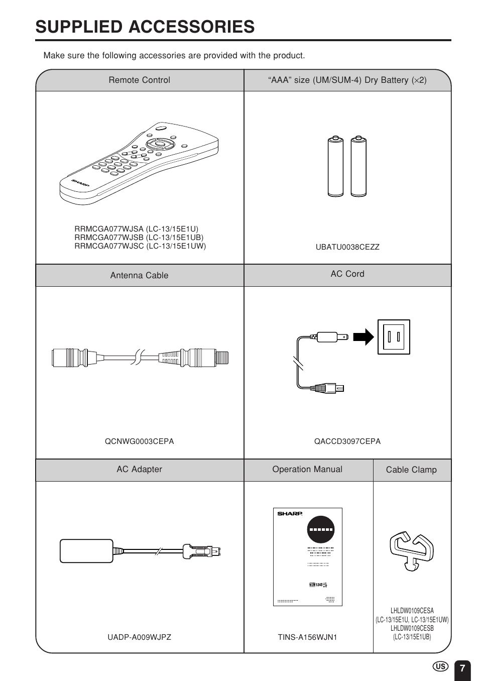 Supplied accessories | Sharp Aquos LC 15E1U User Manual | Page 8 / 49