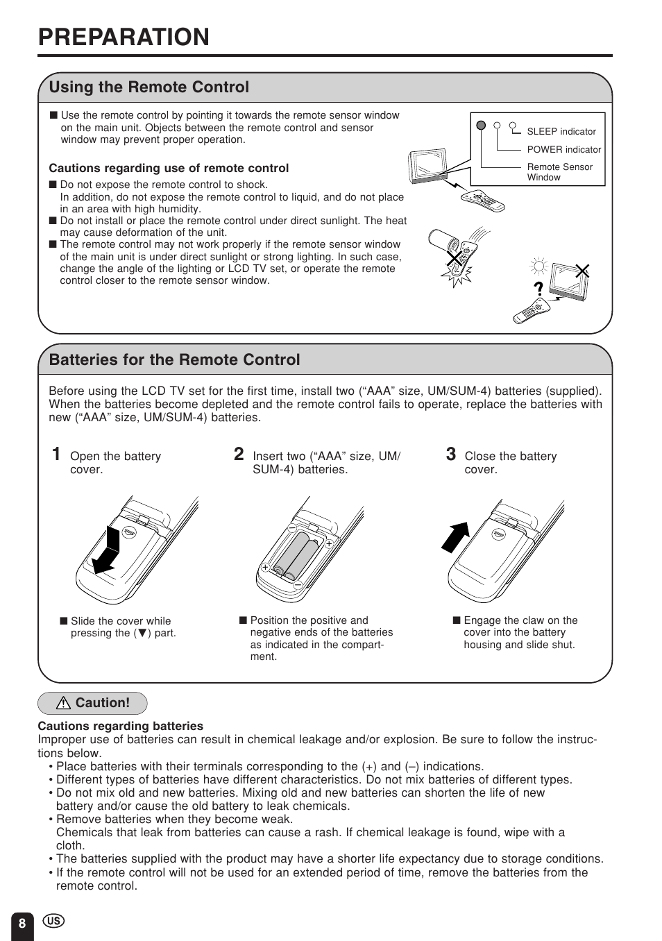 Preparation, Batteries for the remote control, Using the remote control | Sharp Aquos LC 15E1U User Manual | Page 9 / 49