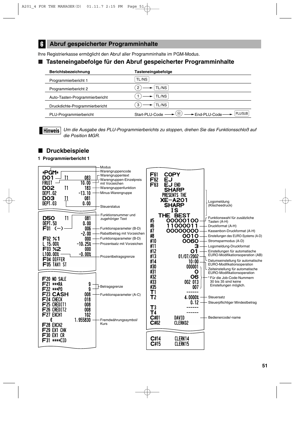 Druckbeispiele, Abruf gespeicherter programminhalte | Sharp XE-A201 User Manual | Page 121 / 276