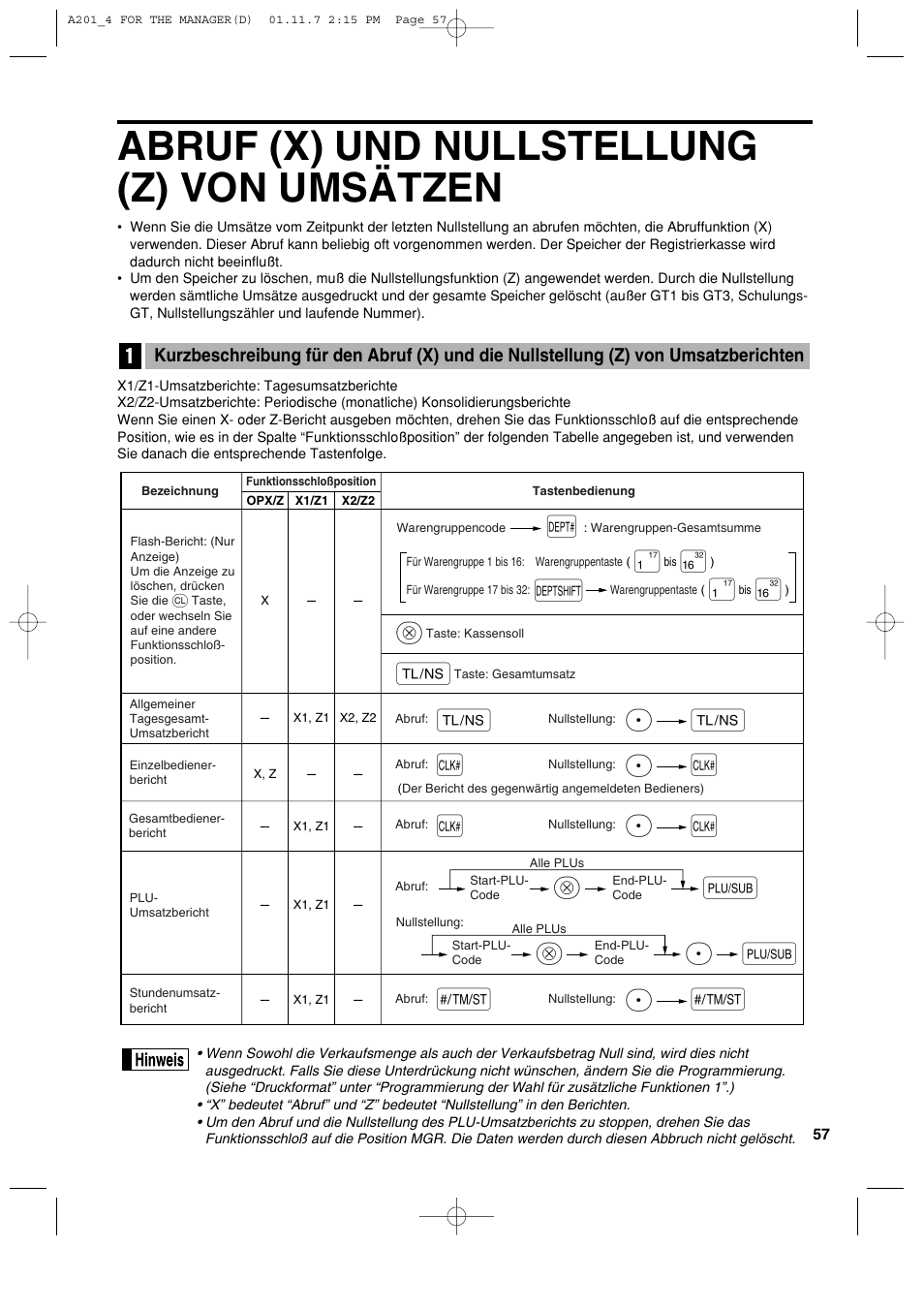 Abruf (x) und nullstellung (z) von umsätzen, Pa a, Pl l | Ps s | Sharp XE-A201 User Manual | Page 127 / 276