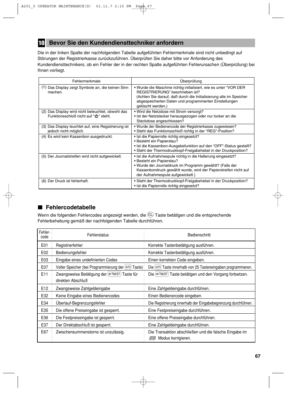 Fehlercodetabelle, Bevor sie den kundendiensttechniker anfordern | Sharp XE-A201 User Manual | Page 137 / 276