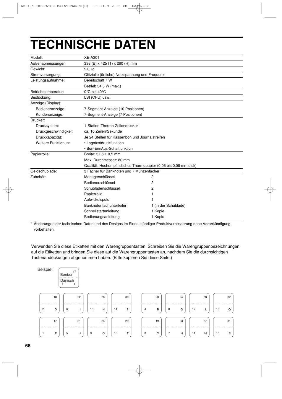 Technische daten | Sharp XE-A201 User Manual | Page 138 / 276