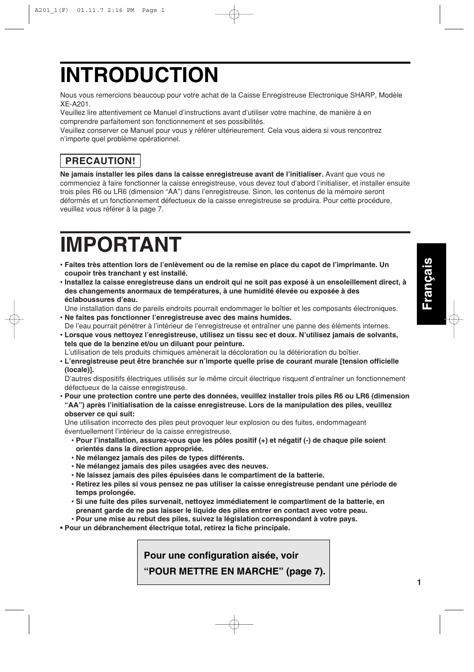 Introduction, Important, English | Français español | Sharp XE-A201 User Manual | Page 139 / 276