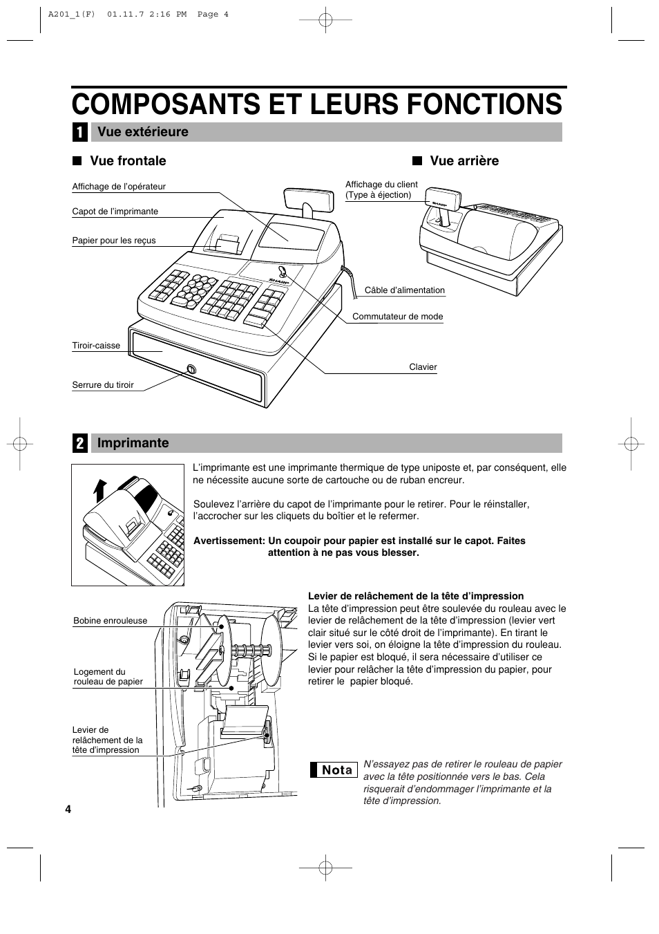 Composants et leurs fonctions, Vue frontale vue arrière vue extérieure, Imprimante | Sharp XE-A201 User Manual | Page 142 / 276