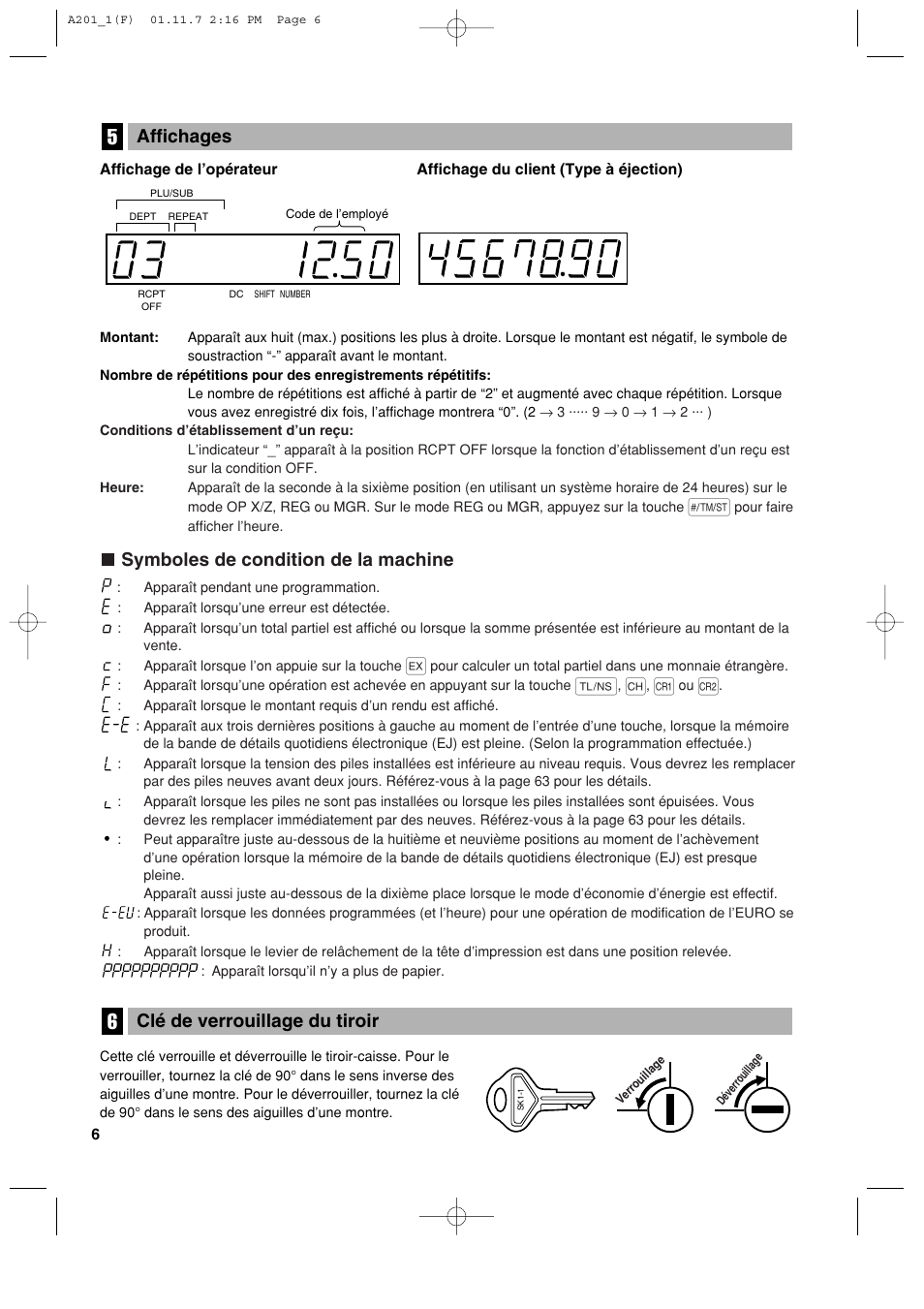 Clé de verrouillage du tiroir, Symboles de condition de la machine, Affichages | Sharp XE-A201 User Manual | Page 144 / 276
