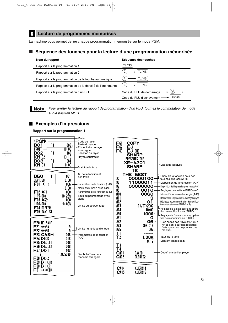 Exemples d’impressions, Lecture de programmes mémorisés | Sharp XE-A201 User Manual | Page 189 / 276