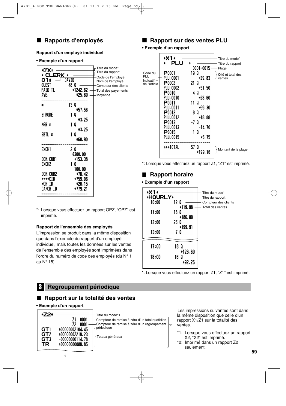 Rapport sur la totalité des ventes, Regroupement périodique, Rapports d’employés | Rapport horaire, Rapport sur des ventes plu | Sharp XE-A201 User Manual | Page 197 / 276