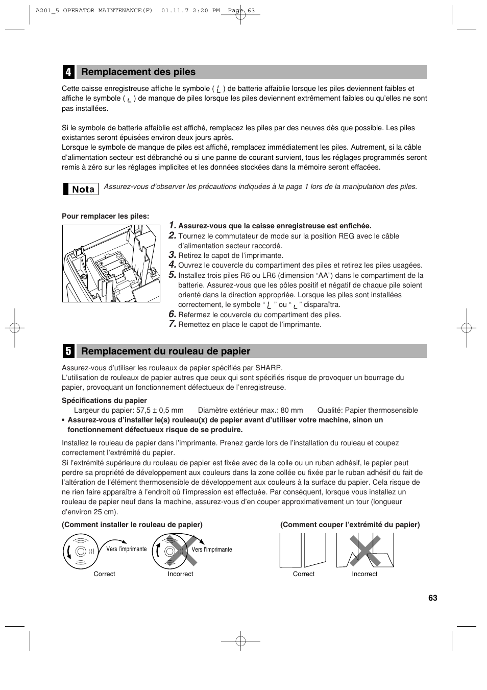 Remplacement du rouleau de papier, Remplacement des piles | Sharp XE-A201 User Manual | Page 201 / 276