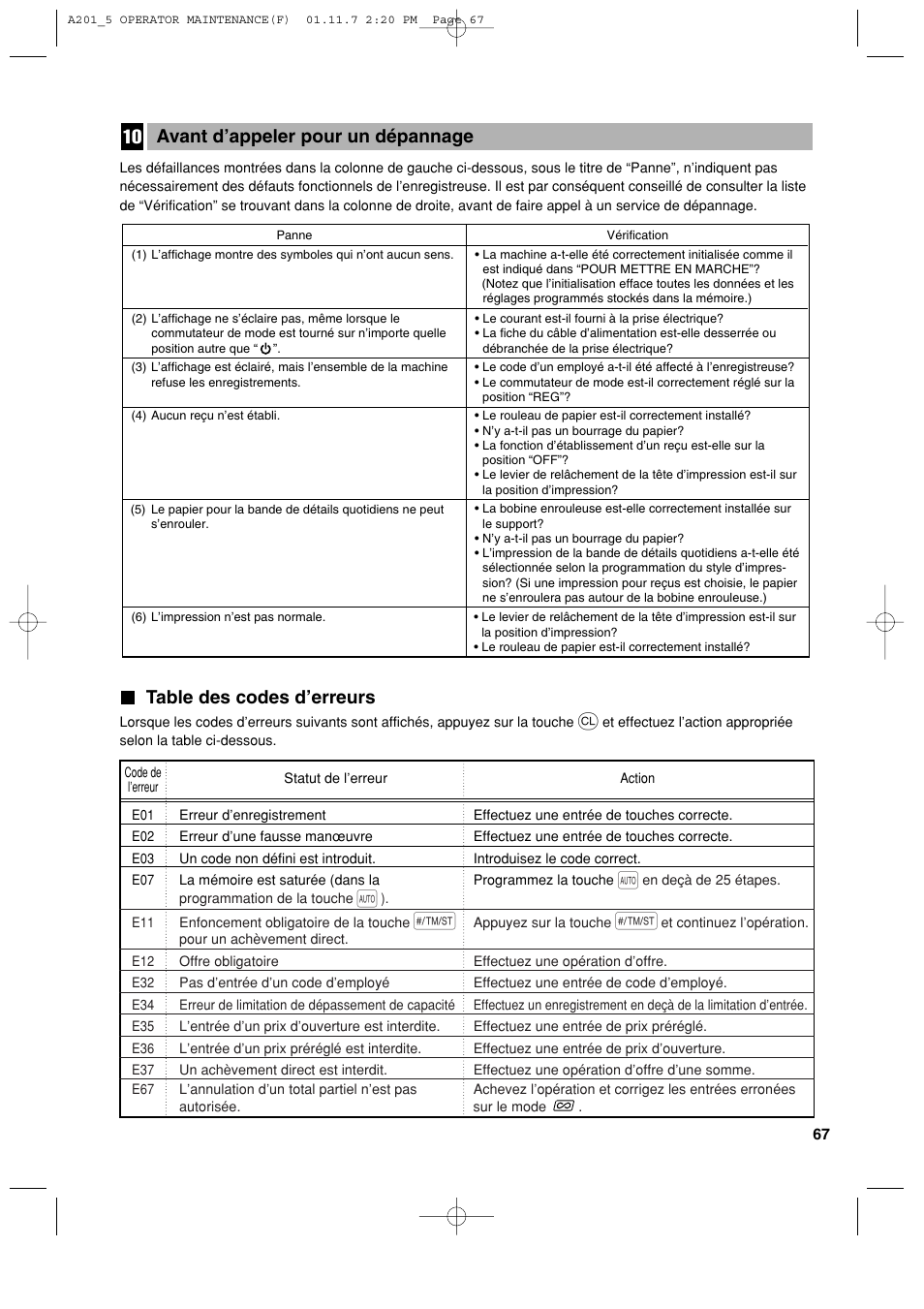 Table des codes d’erreurs, Avant d’appeler pour un dépannage | Sharp XE-A201 User Manual | Page 205 / 276