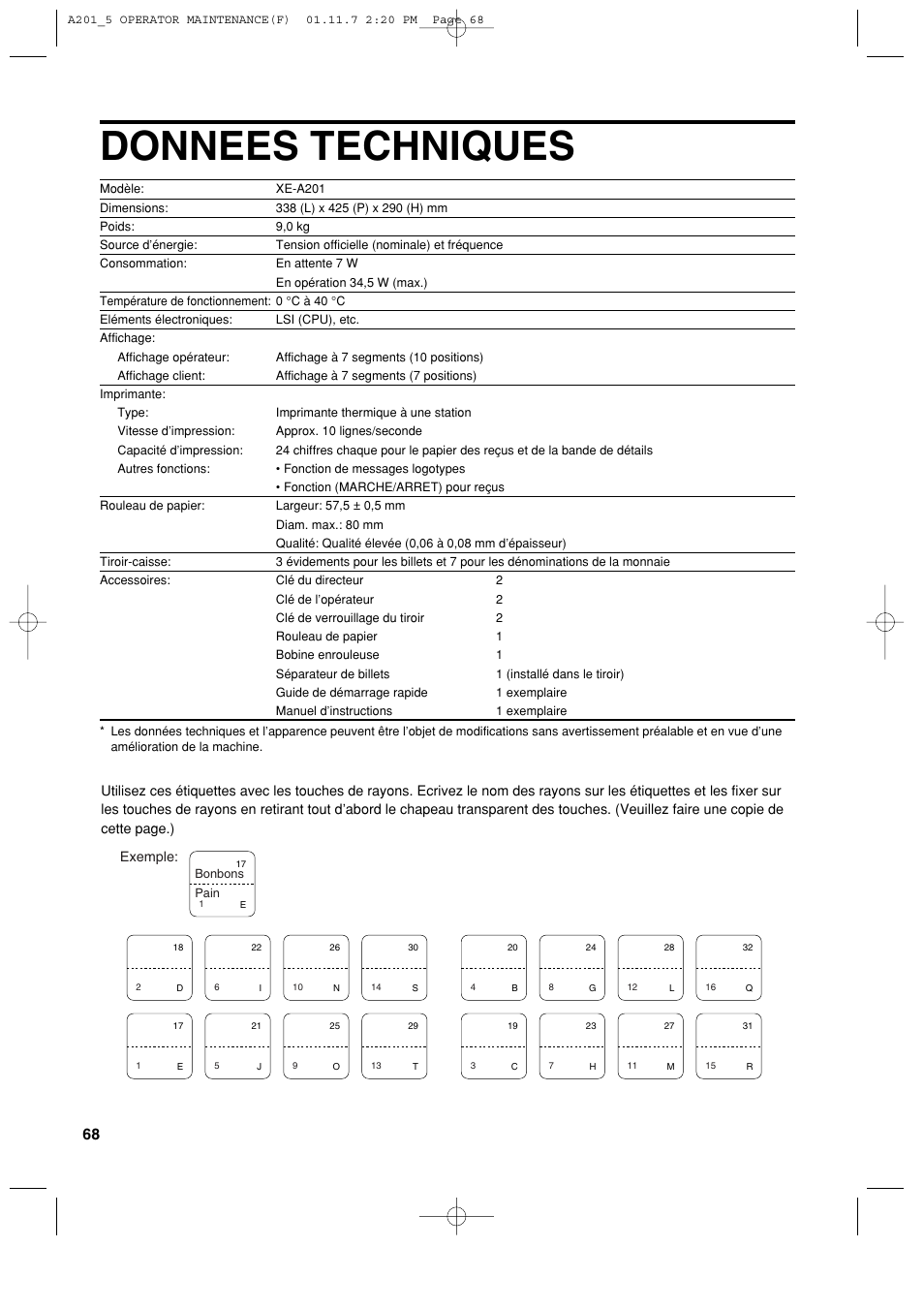 Donnees techniques | Sharp XE-A201 User Manual | Page 206 / 276