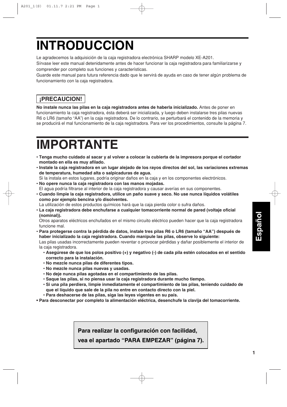 Introduccion, Importante, English | English español | Sharp XE-A201 User Manual | Page 207 / 276