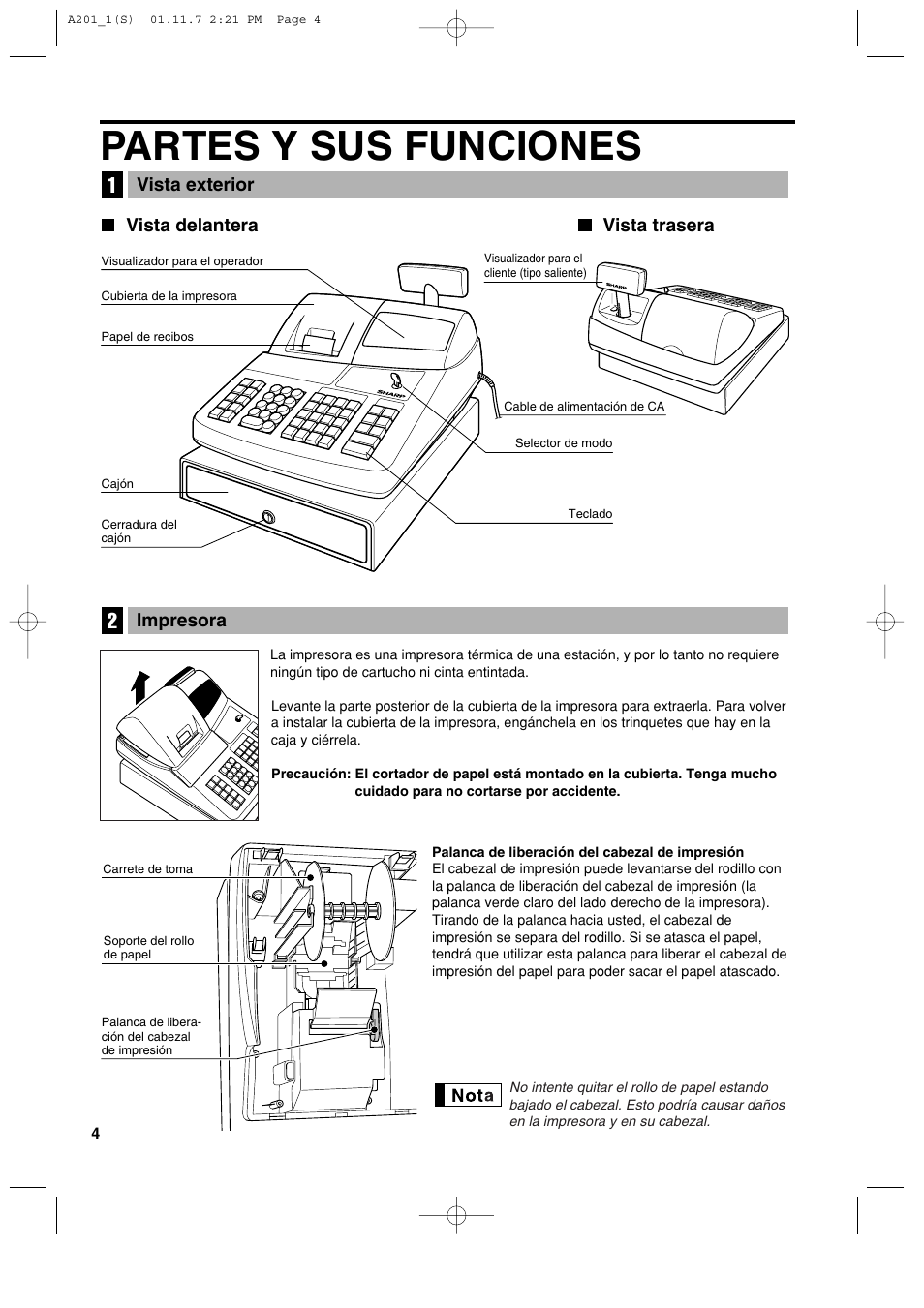 Partes y sus funciones, Vista delantera vista trasera vista exterior, Impresora | Sharp XE-A201 User Manual | Page 210 / 276