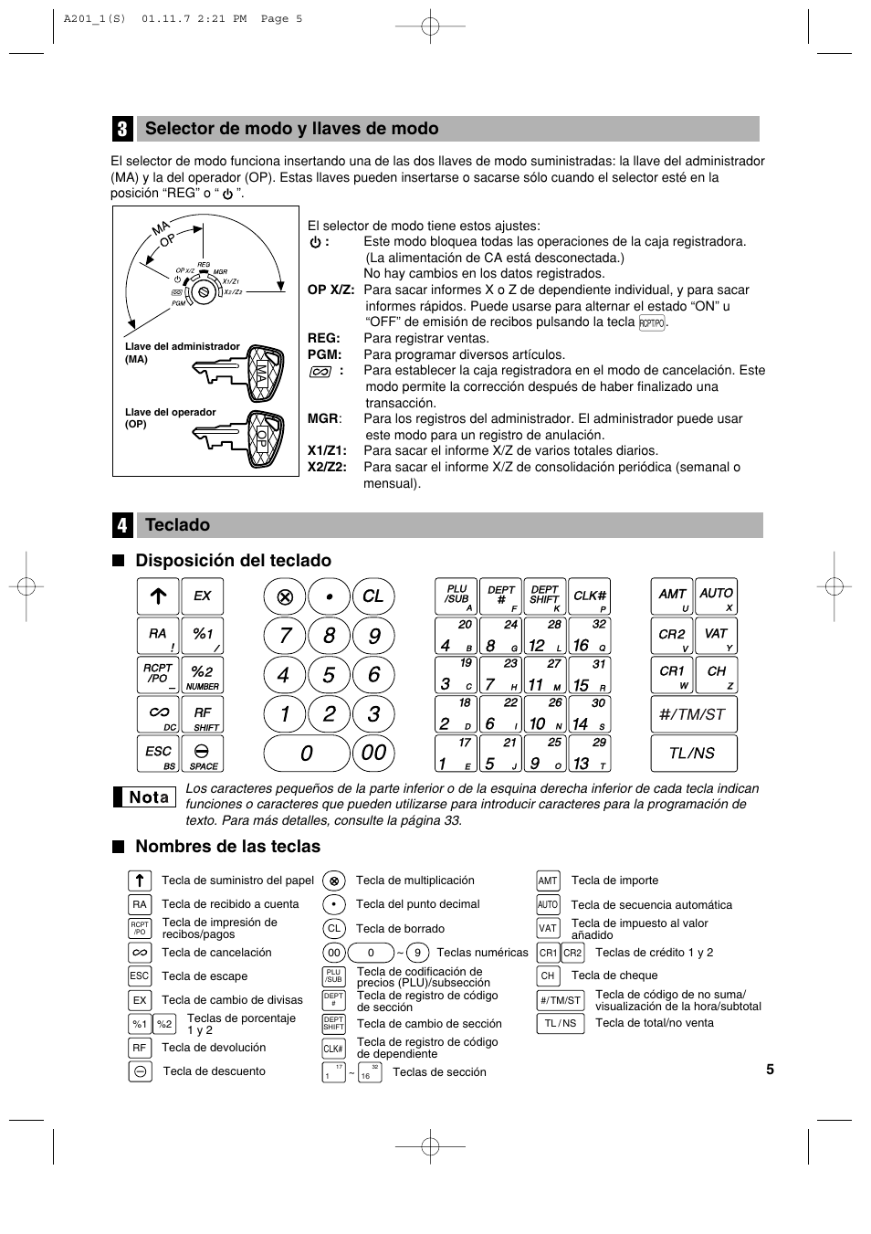Disposición del teclado, Nombres de las teclas teclado, Selector de modo y llaves de modo | Sharp XE-A201 User Manual | Page 211 / 276