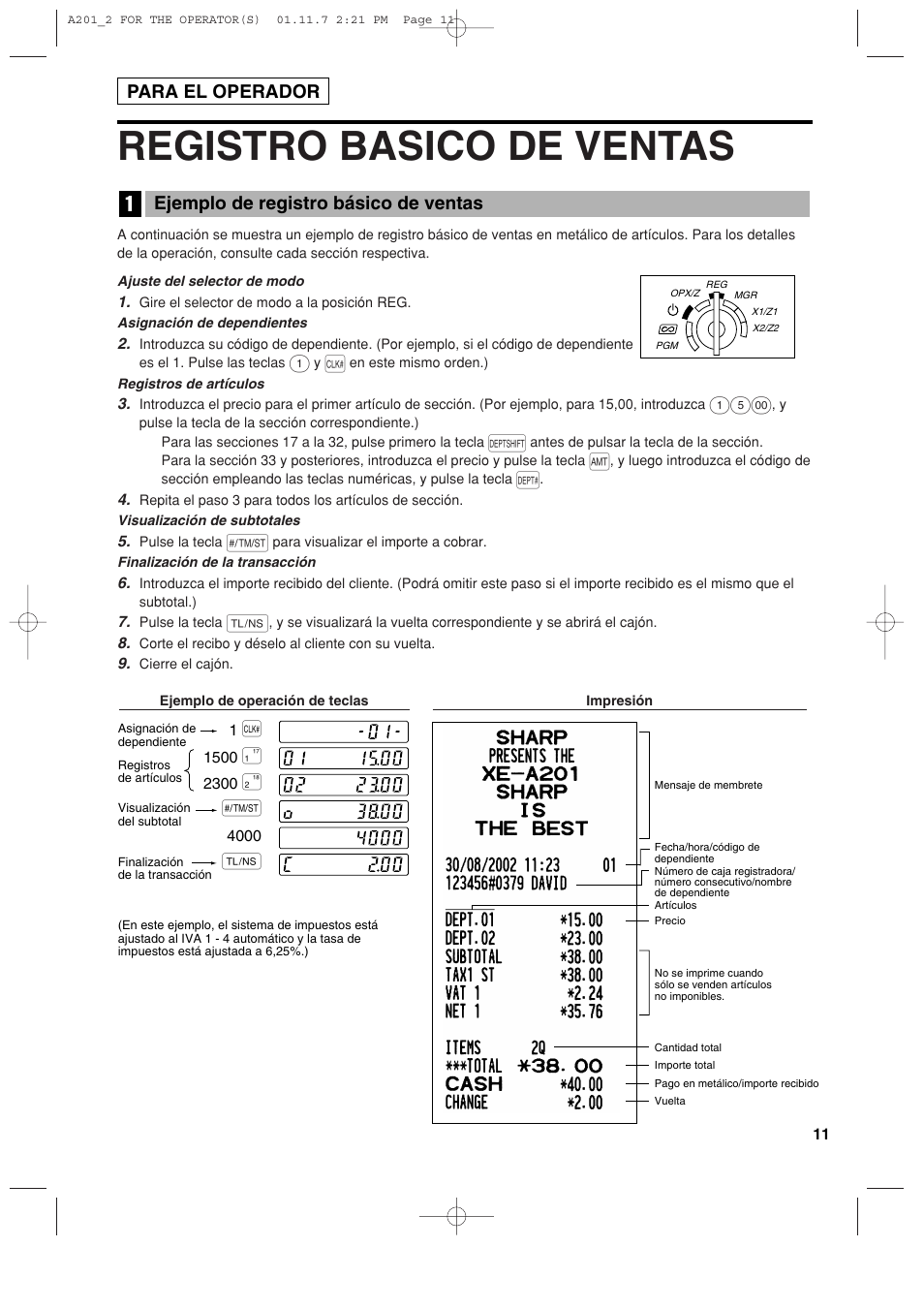 Registro basico de ventas, Ejemplo de registro básico de ventas, Para el operador | Sharp XE-A201 User Manual | Page 217 / 276
