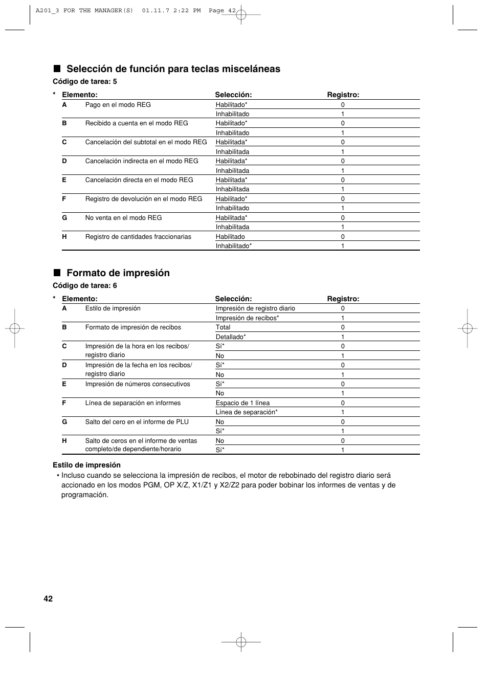 Selección de función para teclas misceláneas, Formato de impresión | Sharp XE-A201 User Manual | Page 248 / 276