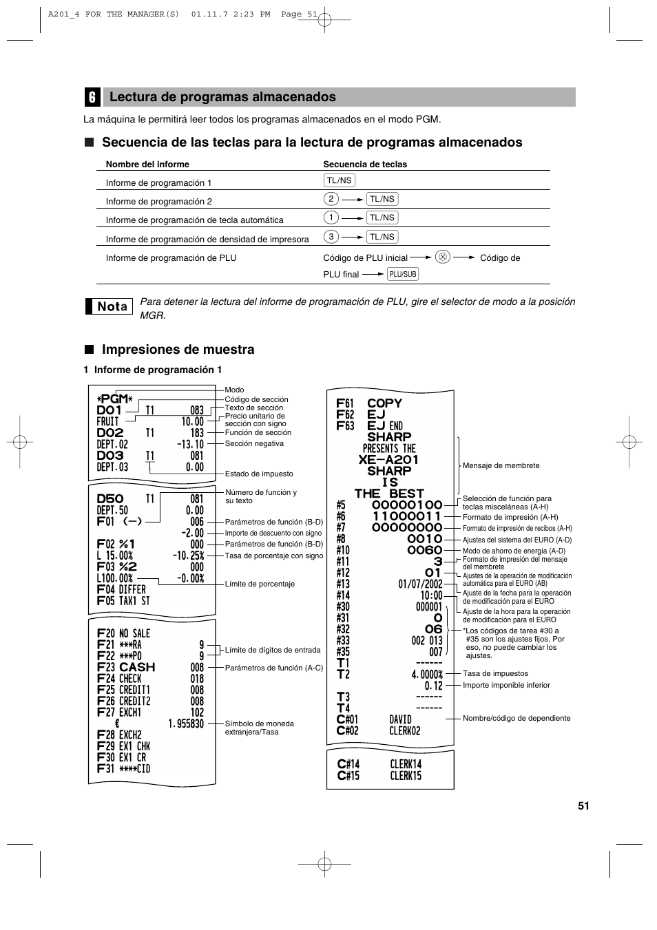Impresiones de muestra, Lectura de programas almacenados | Sharp XE-A201 User Manual | Page 257 / 276