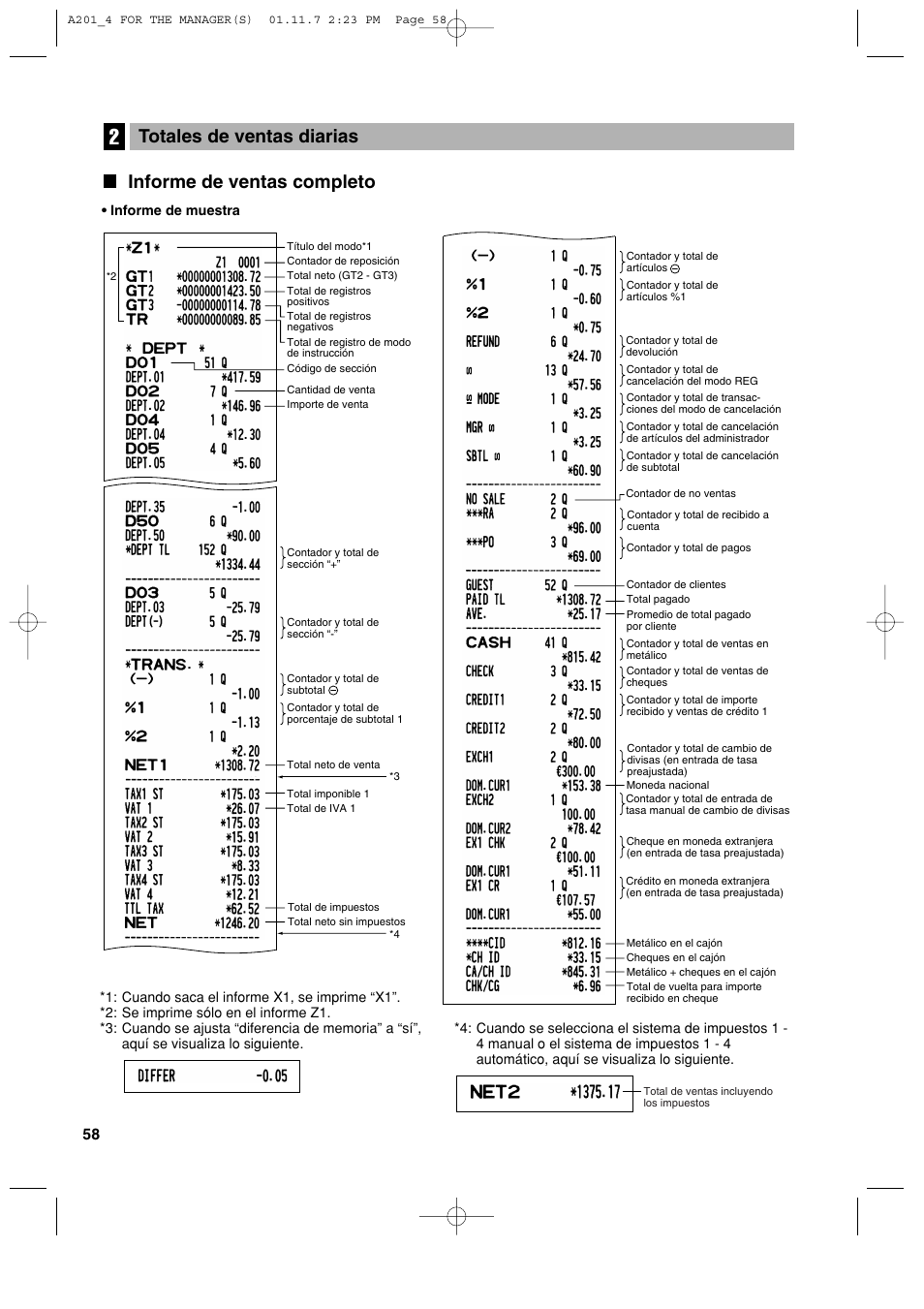 Informe de ventas completo, Totales de ventas diarias | Sharp XE-A201 User Manual | Page 264 / 276