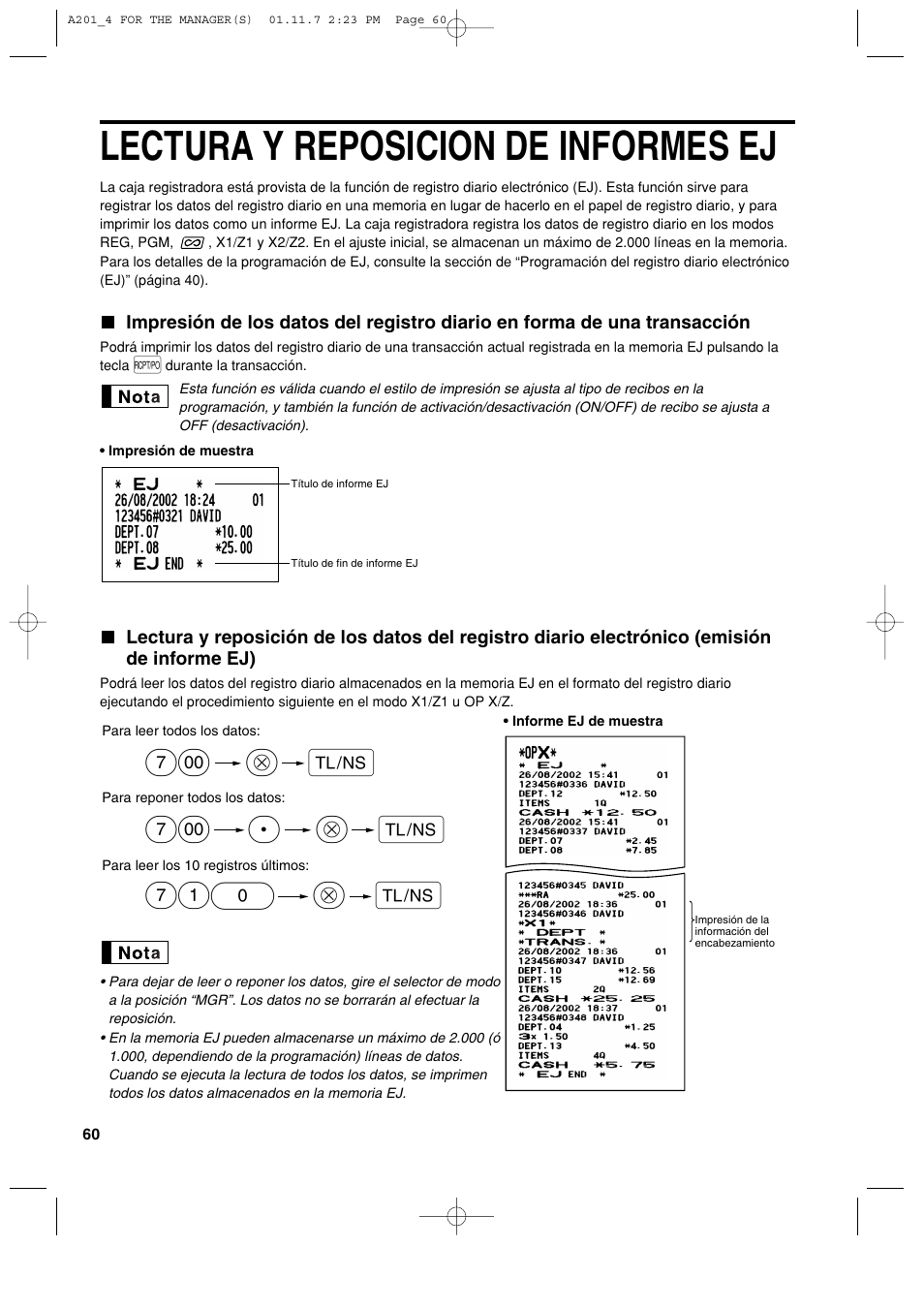 Lectura y reposicion de informes ej, A@ 710, A@ 7 | Sharp XE-A201 User Manual | Page 266 / 276