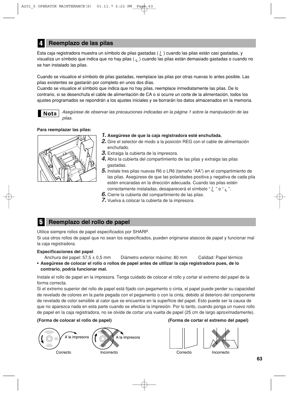 Reemplazo del rollo de papel, Reemplazo de las pilas | Sharp XE-A201 User Manual | Page 269 / 276