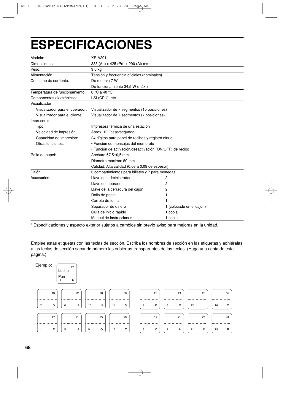 Especificaciones | Sharp XE-A201 User Manual | Page 274 / 276