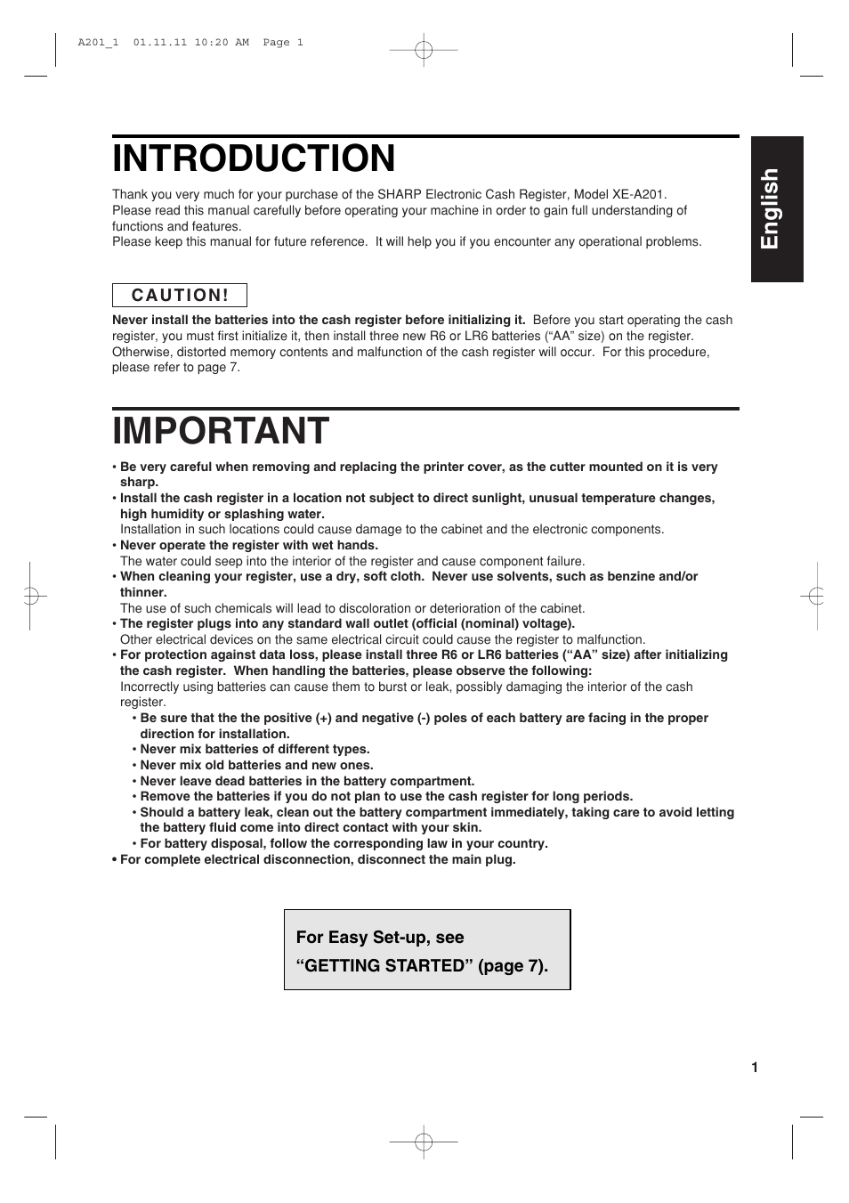 Introduction, Important, English | Sharp XE-A201 User Manual | Page 3 / 276
