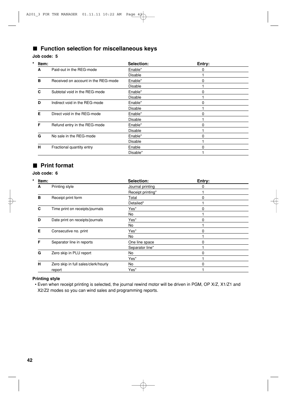 Function selection for miscellaneous keys, Print format | Sharp XE-A201 User Manual | Page 44 / 276