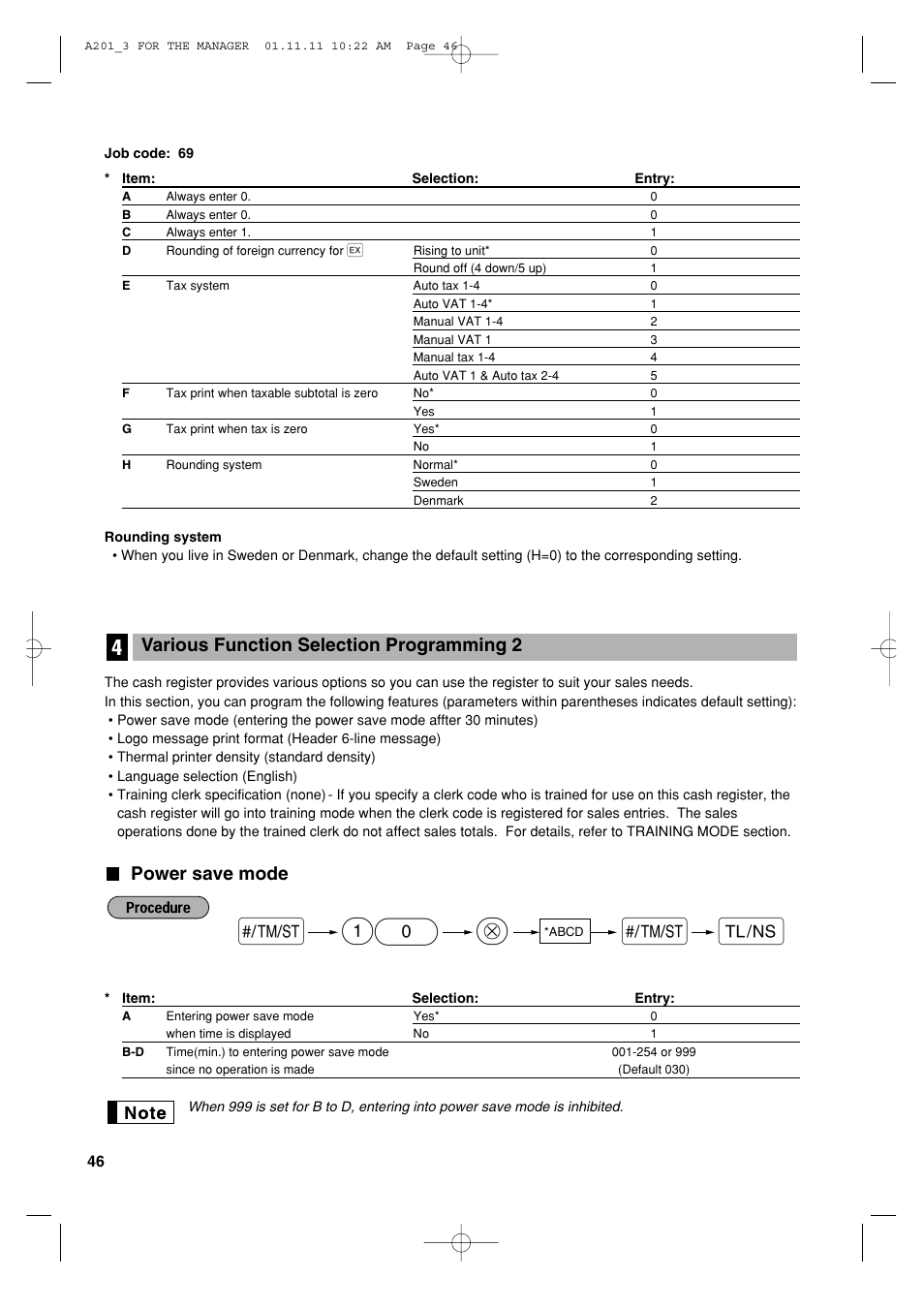 Power save mode, Various function selection programming 2 | Sharp XE-A201 User Manual | Page 48 / 276