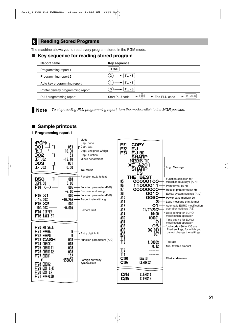Sample printouts, Key sequence for reading stored program, Reading stored programs | Sharp XE-A201 User Manual | Page 53 / 276
