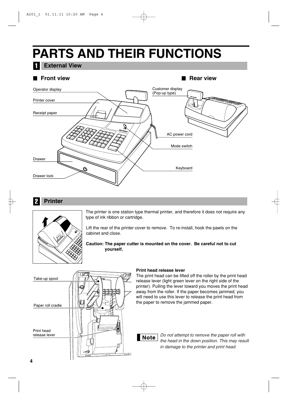 Parts and their functions, Front view rear view external view, Printer | Sharp XE-A201 User Manual | Page 6 / 276