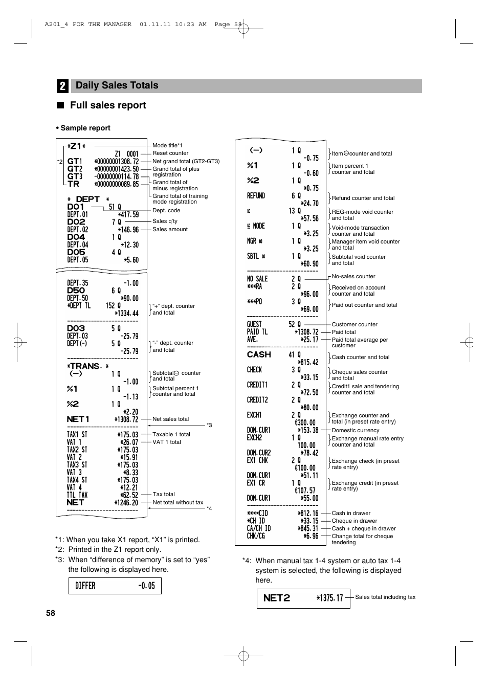 Full sales report, Daily sales totals | Sharp XE-A201 User Manual | Page 60 / 276