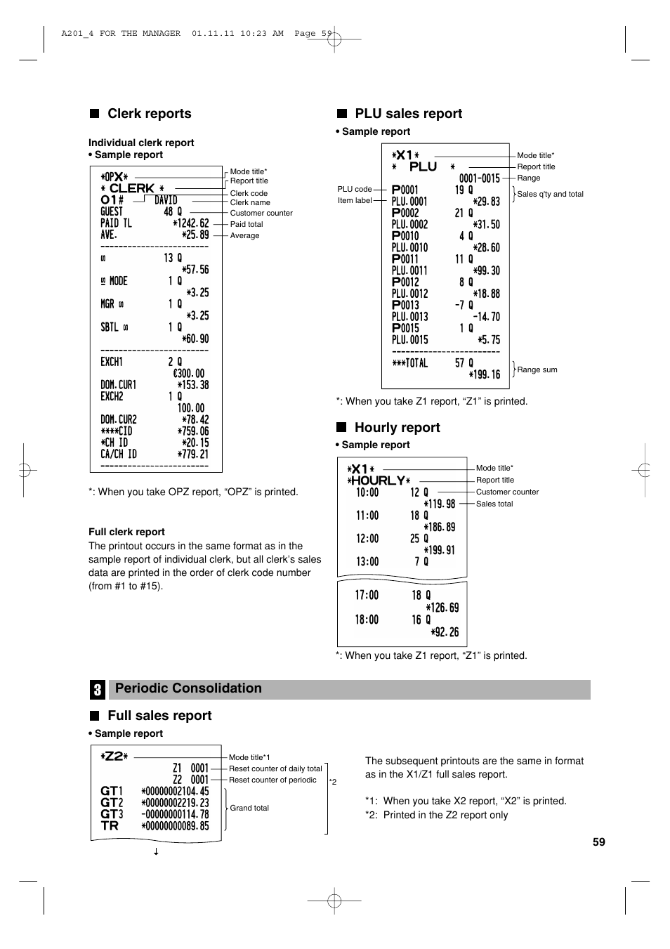 Full sales report, Periodic consolidation, Clerk reports | Hourly report, Plu sales report | Sharp XE-A201 User Manual | Page 61 / 276