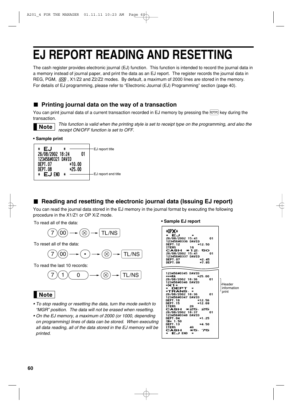 Ej report reading and resetting, A@ 710, A@ 7 | Sharp XE-A201 User Manual | Page 62 / 276