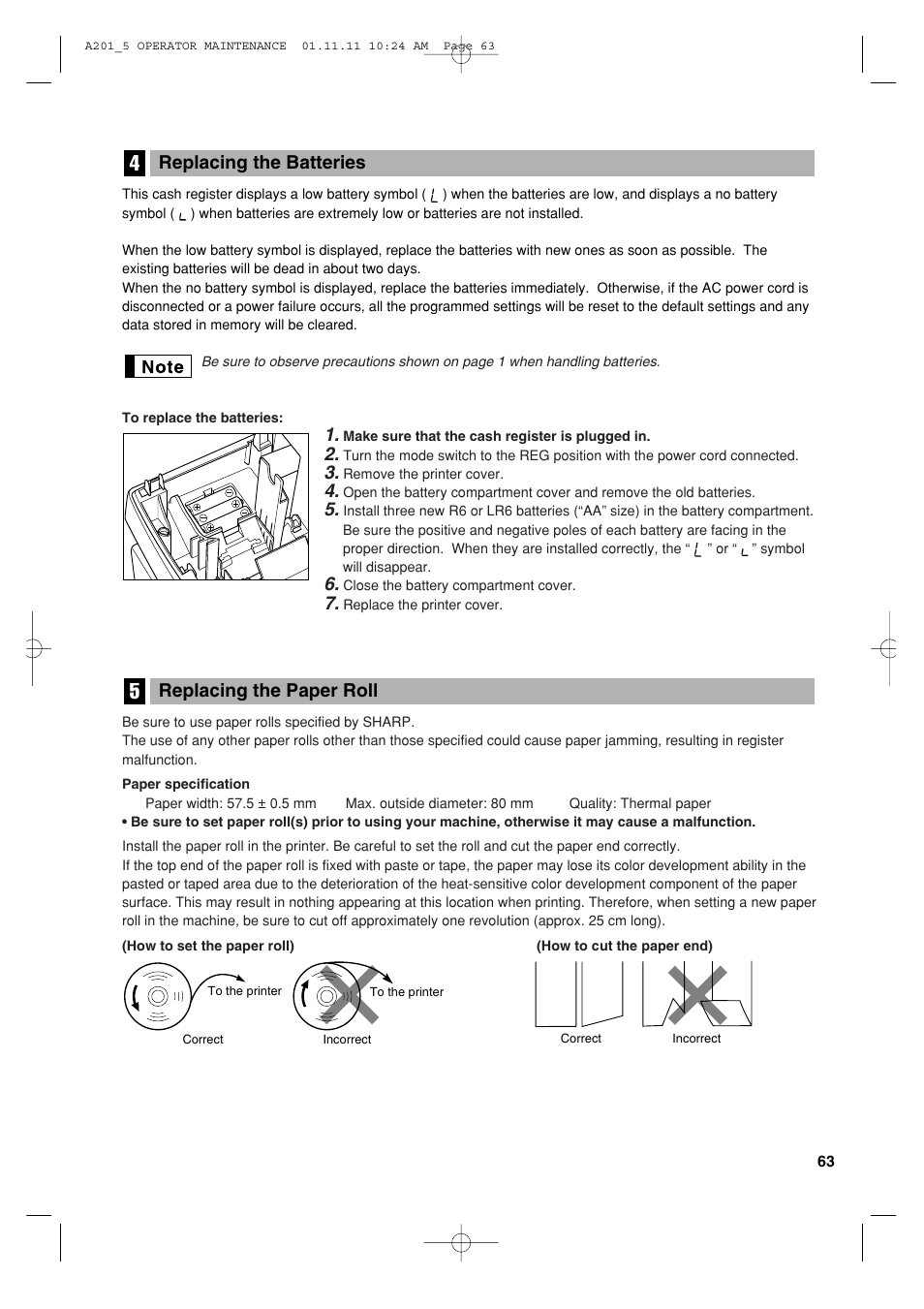 Replacing the paper roll, Replacing the batteries | Sharp XE-A201 User Manual | Page 65 / 276