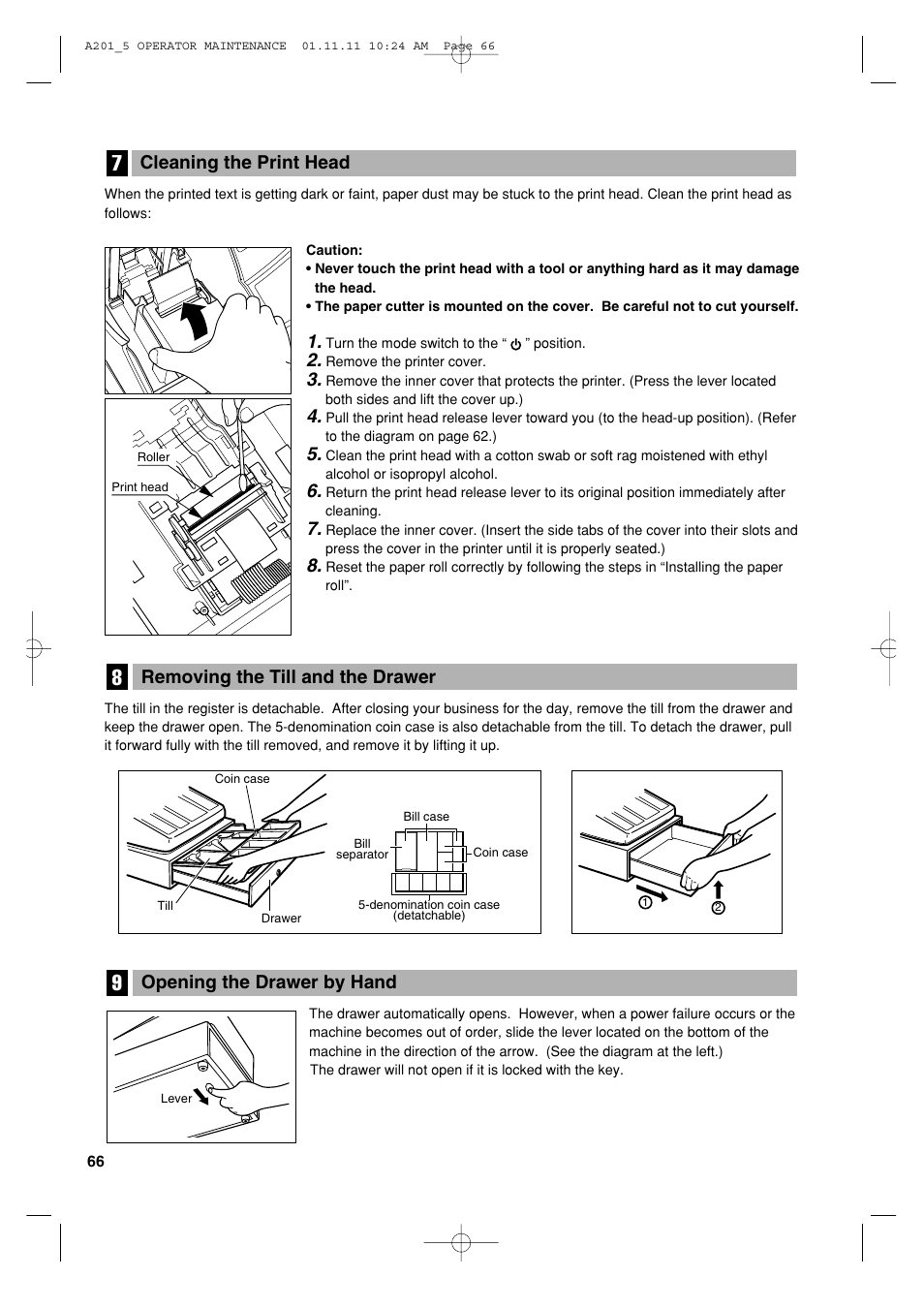 Opening the drawer by hand, Removing the till and the drawer, Cleaning the print head | Sharp XE-A201 User Manual | Page 68 / 276