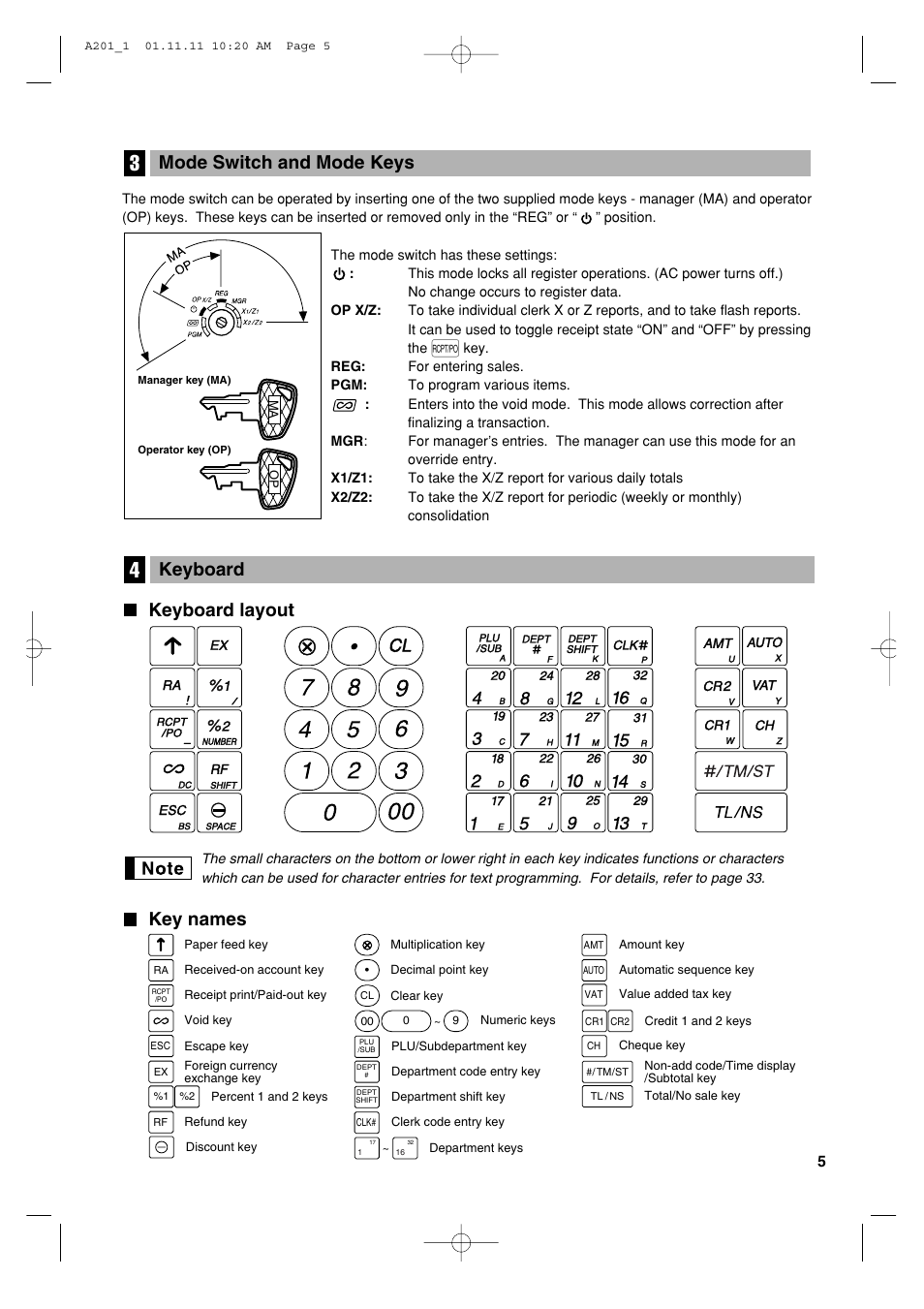 Keyboard layout, Key names keyboard, Mode switch and mode keys | Sharp XE-A201 User Manual | Page 7 / 276