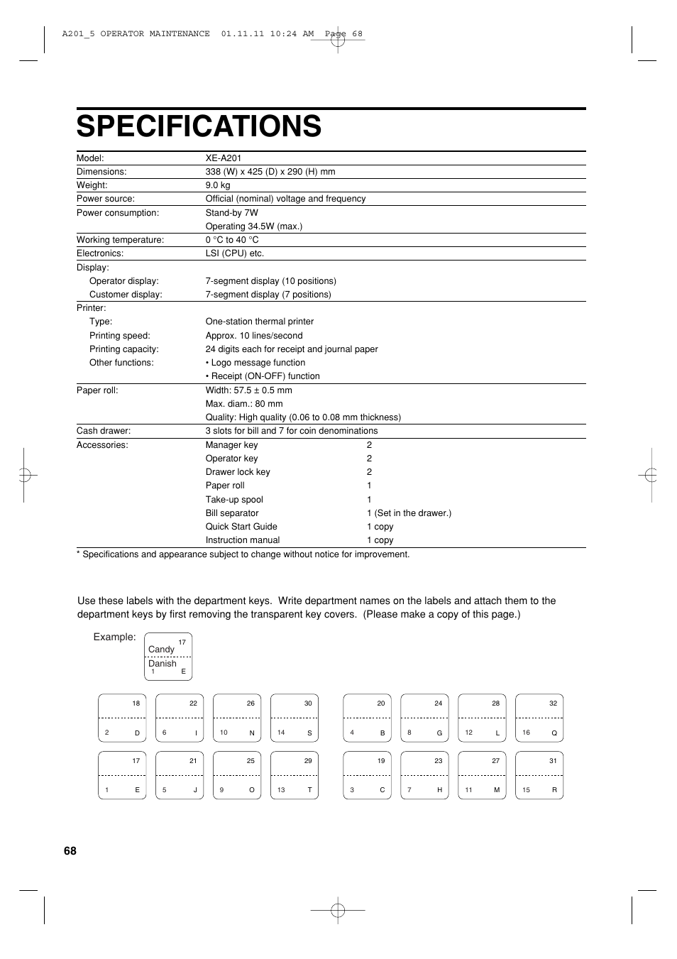 Specifications | Sharp XE-A201 User Manual | Page 70 / 276