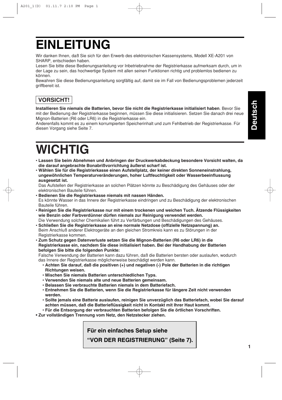 Einleitung, Wichtig, English deutsch | English español | Sharp XE-A201 User Manual | Page 71 / 276