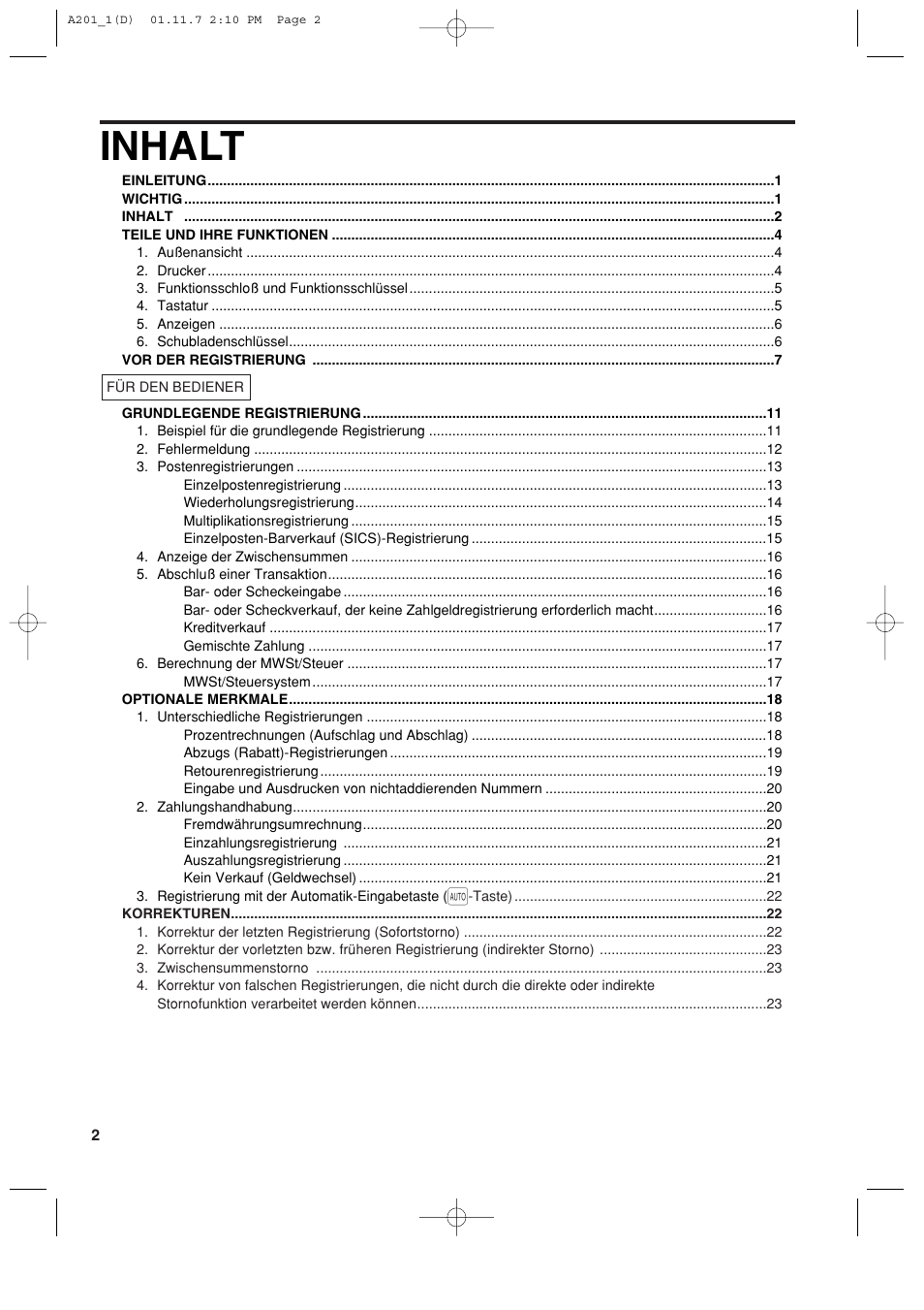 Inhalt | Sharp XE-A201 User Manual | Page 72 / 276