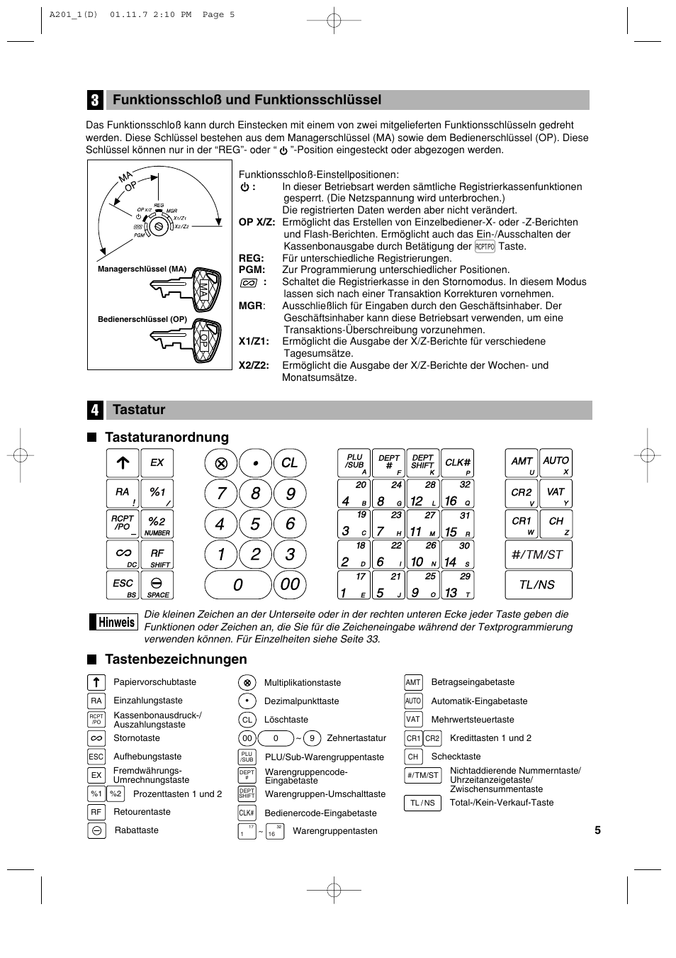 Tastaturanordnung, Tastenbezeichnungen tastatur, Funktionsschloß und funktionsschlüssel | Sharp XE-A201 User Manual | Page 75 / 276